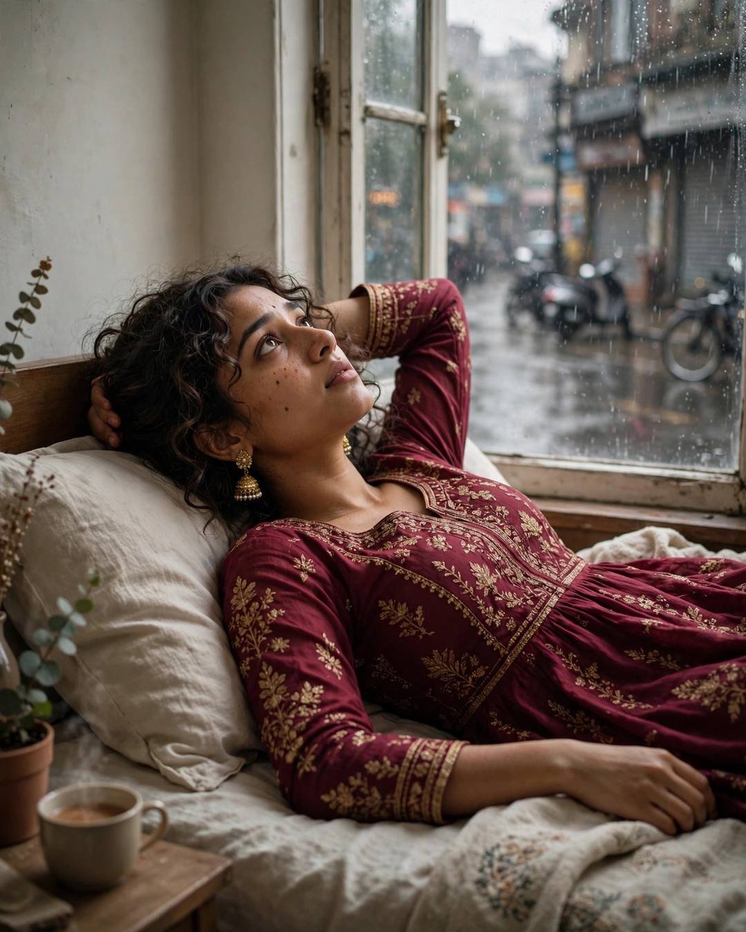 Softly humming the old lullaby her mother — lying on the bed staring at the ceiling, one arm behind head at rain-soaked city street, drizzle, overcast afternoon with diffused overcast daylight; cinematic AI photograph