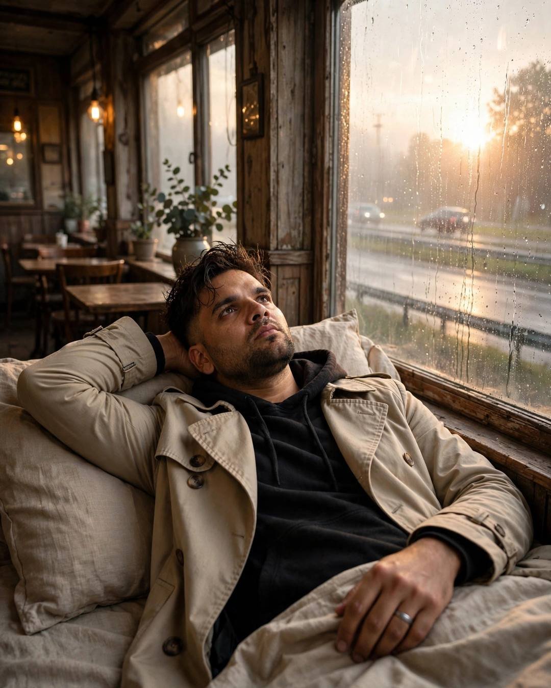 A young Indian man in a beige trench coat reclines on cushions by a rain-streaked cafe window at sunset, one arm behind his head, golden light streaming through the glass.
