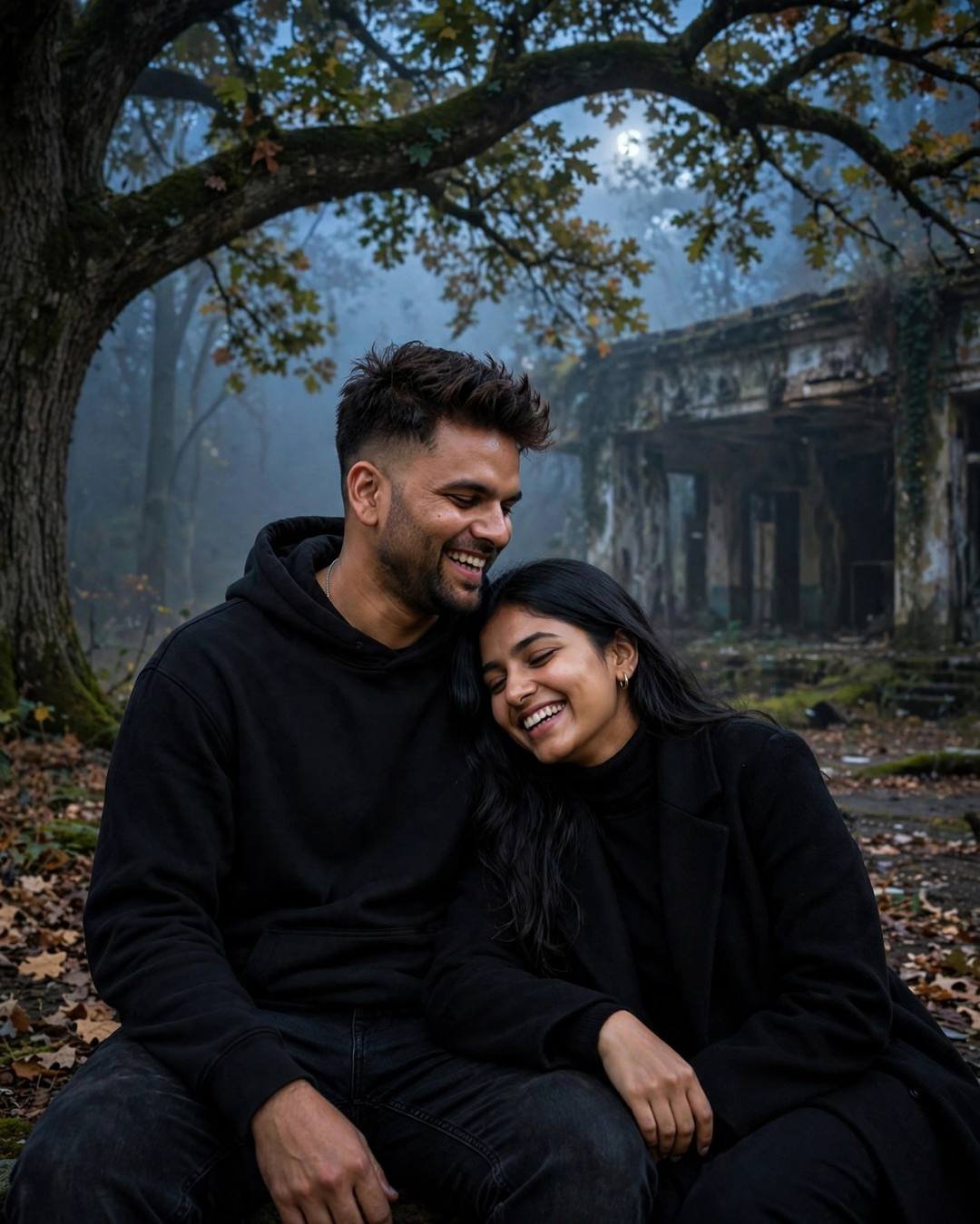 Watching fierce kite battles from opposite terraces — sitting under a tree, her head in his lap, both laughing softly at abandoned cinema hall, dense fog, blue hour with moonlight with deep shadows; cinematic AI photograph