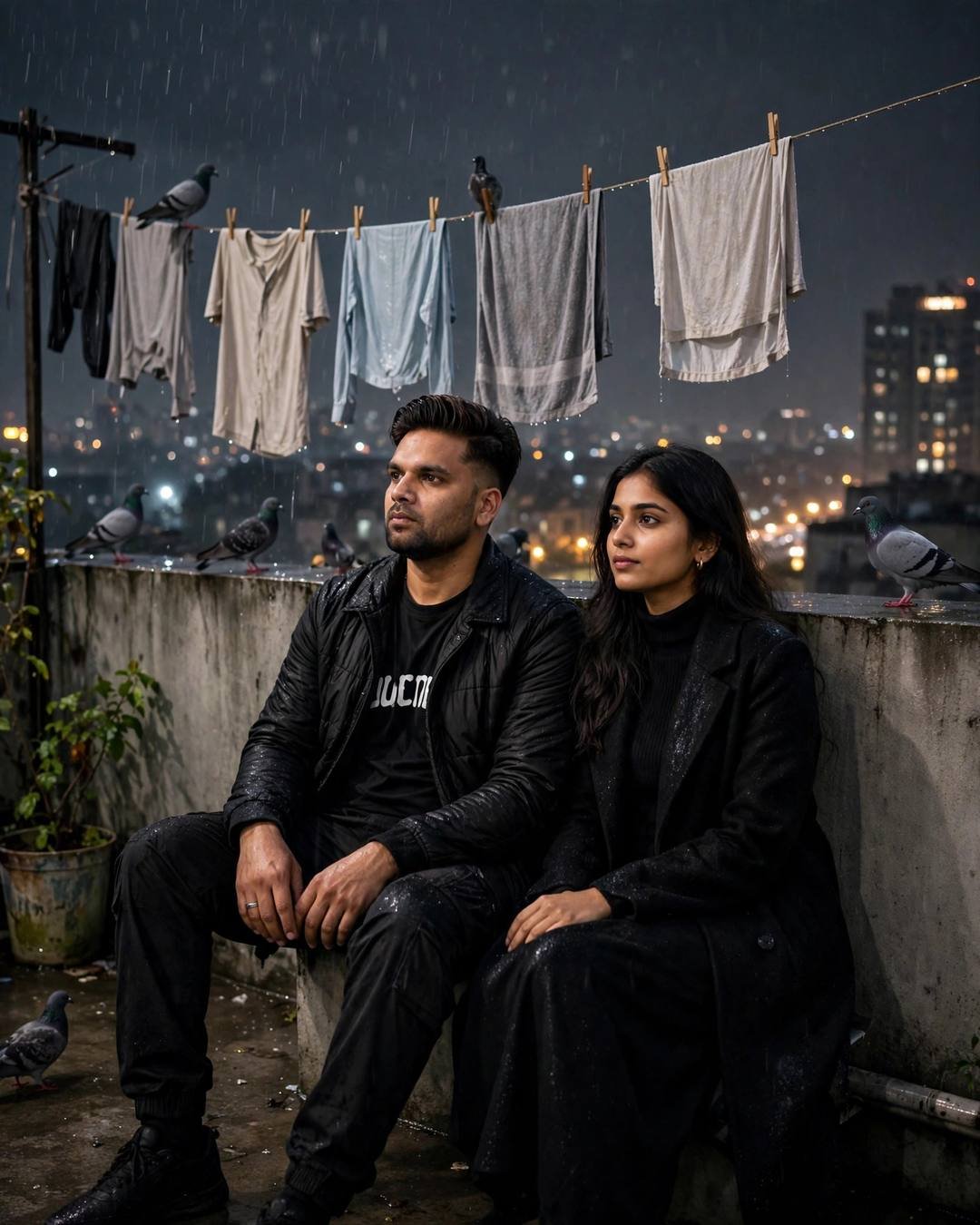 A single red rose left unsigned on — sitting on a rooftop, backs against the wall, sharing silence at terrace with drying clothes lines and pigeons, drizzle, midnight with rain-diffused city glow; cinematic AI photograph