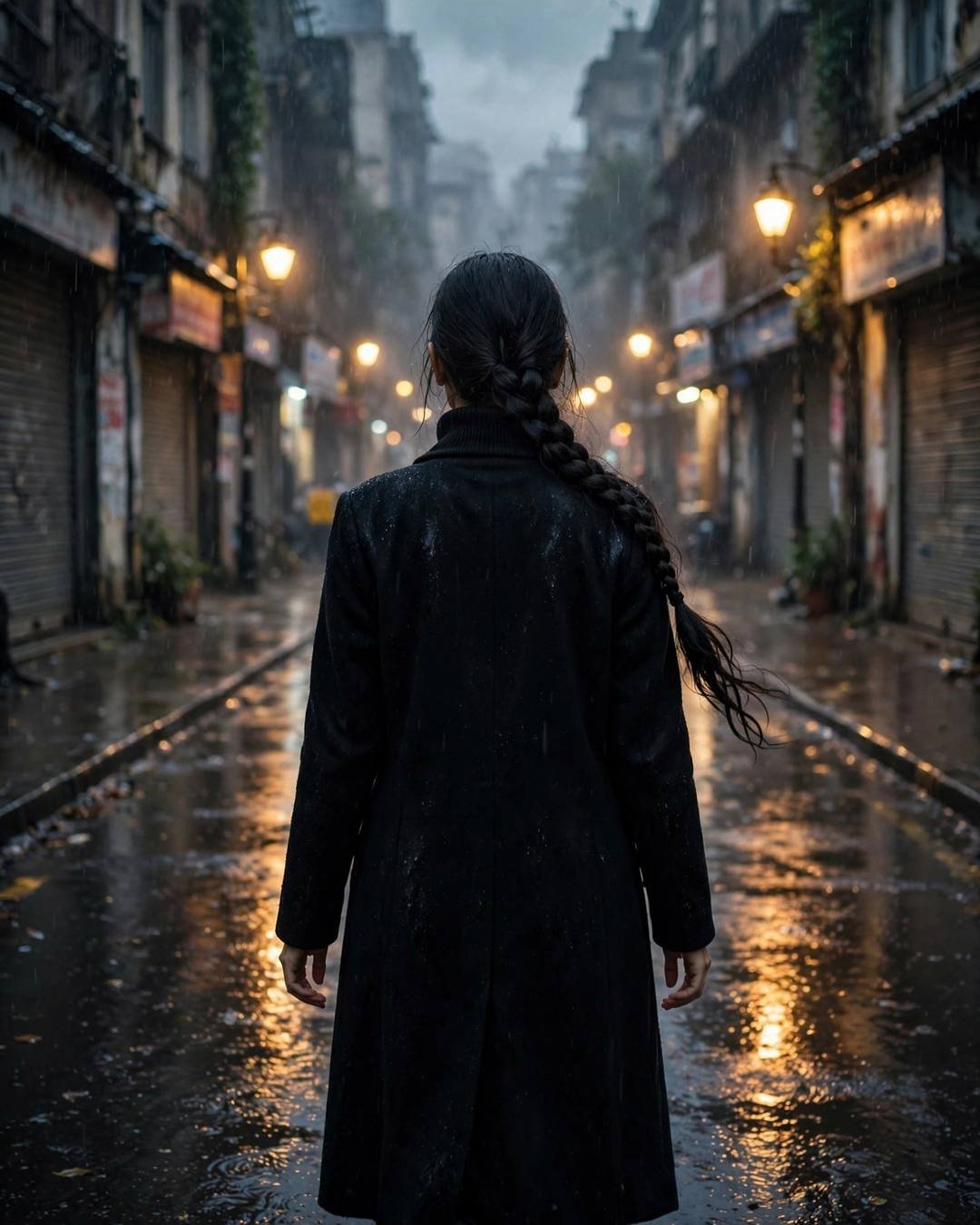 Woman in black coat with long braid walking away down a rain-soaked city street under sodium lamps