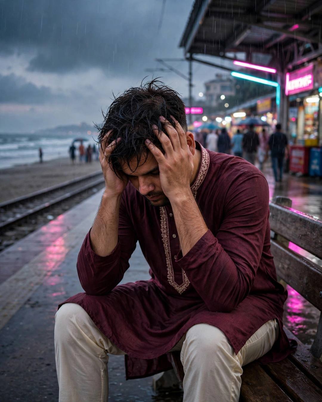 Young Indian man in maroon kurta sitting alone on a bench with head in hands in the rain, neon lights reflecting on wet ground