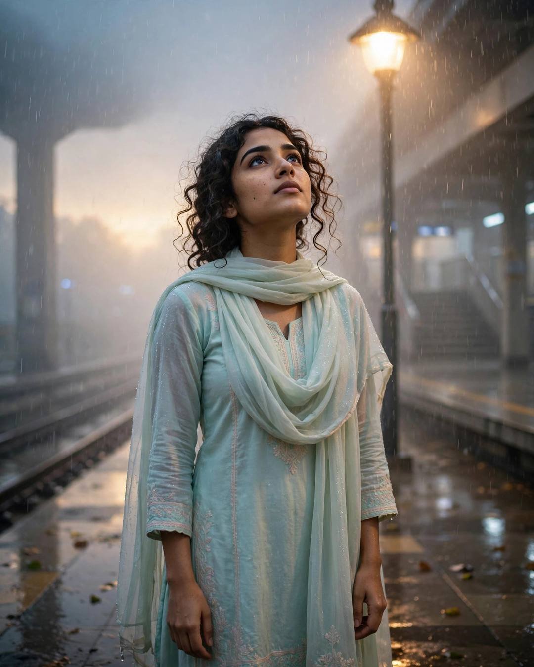 Young Indian woman in pastel salwar-kameez standing under a streetlamp in the rain, face lifted to the sky