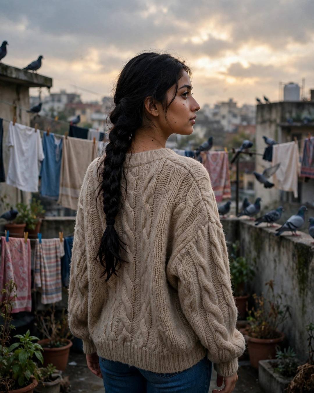 Young Indian woman with a long braid on a rooftop terrace at dusk, pigeons and drying clothes around her