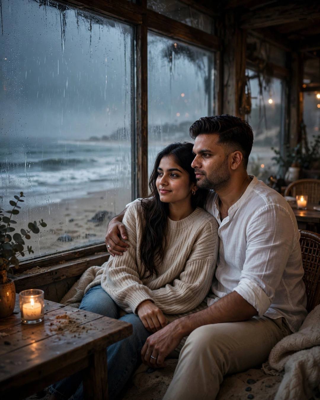 Couple sitting by a fogged cafe window watching rain, candlelight glowing in the darkness