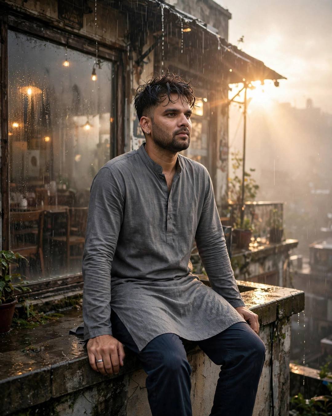Young man in a grey kurta sitting on a rooftop ledge at dawn, golden backlight through rain