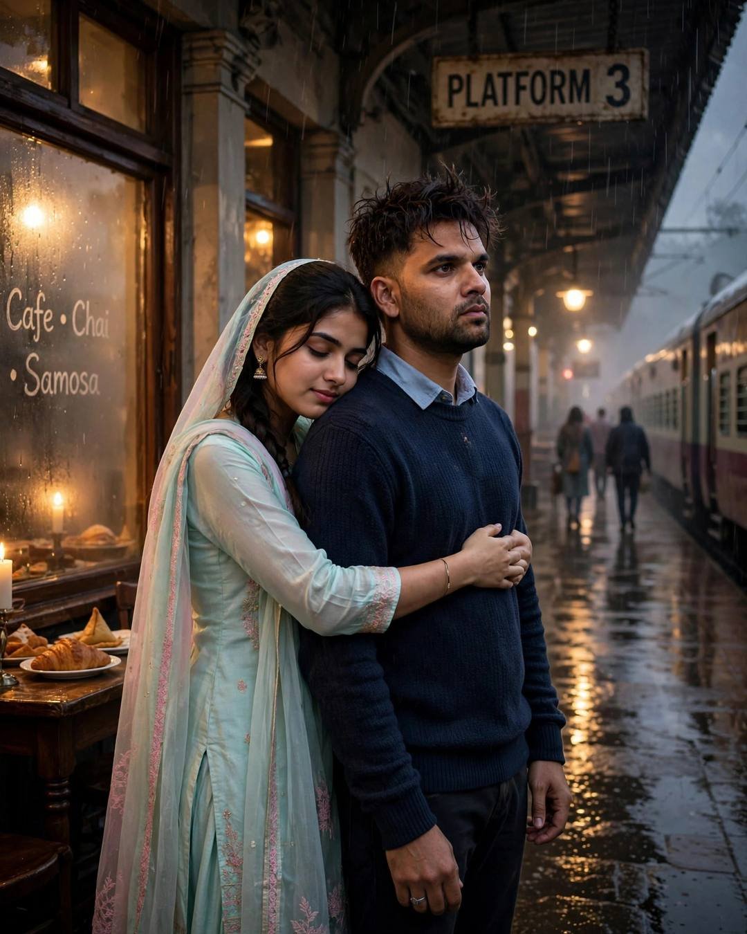 A monsoon proposal on one knee beneath — one last hug at a railway platform as the train waits at old cafe by a fogged window, post-rain wet streets, golden hour with candlelight warmth in darkness; cinematic AI photograph