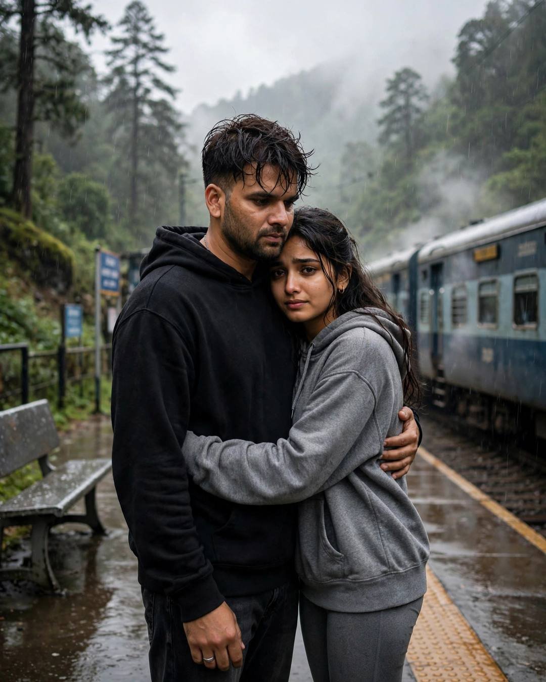 Crossing paths unexpectedly on a misty mountain — one last hug at a railway platform as the train waits at misty forest path, drizzle, overcast afternoon with diffused overcast daylight; cinematic AI photograph