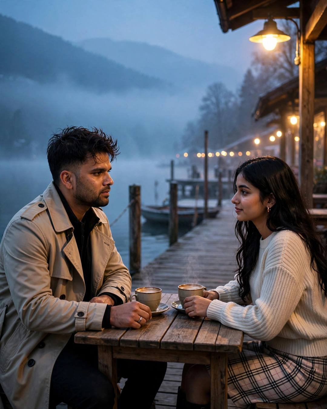The same old cinema queue, both somehow — sitting across a small cafe table, hands almost touching over cups at quiet lake pier at dawn, clear cold night, dawn with warm sodium streetlamp light; cinematic AI photograph