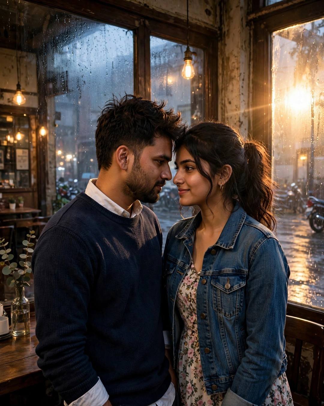 Her familiar voice rising clear above the — standing face to face, foreheads almost touching at old cafe by a fogged window, post-rain wet streets, blue hour with golden-hour backlight with lens flare; cinematic AI photograph