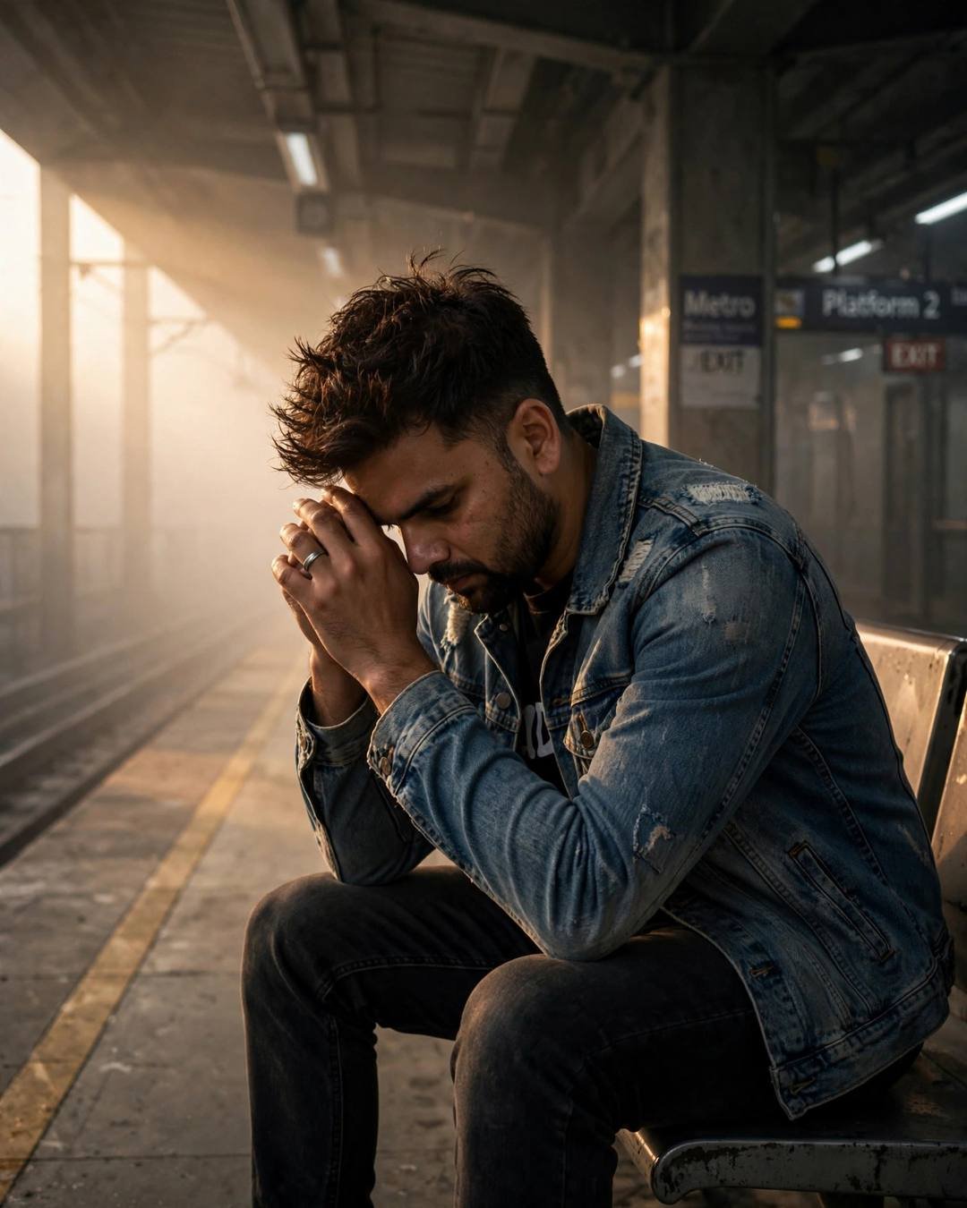 Young Indian man in a distressed denim jacket sitting bowed on a foggy metro station bench at dawn