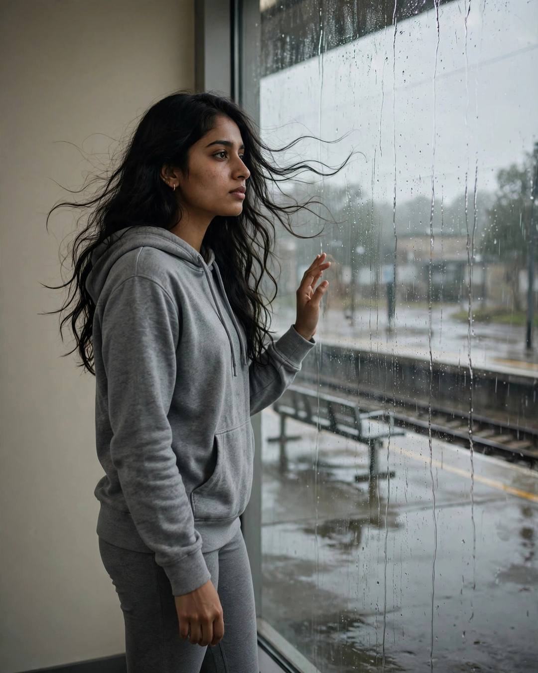 Dancing slowly alone in her room to — standing at a rain-streaked window, one hand on the glass at empty railway platform at night, post-rain wet streets, overcast afternoon with diffused overcast daylight; cinematic AI photograph
