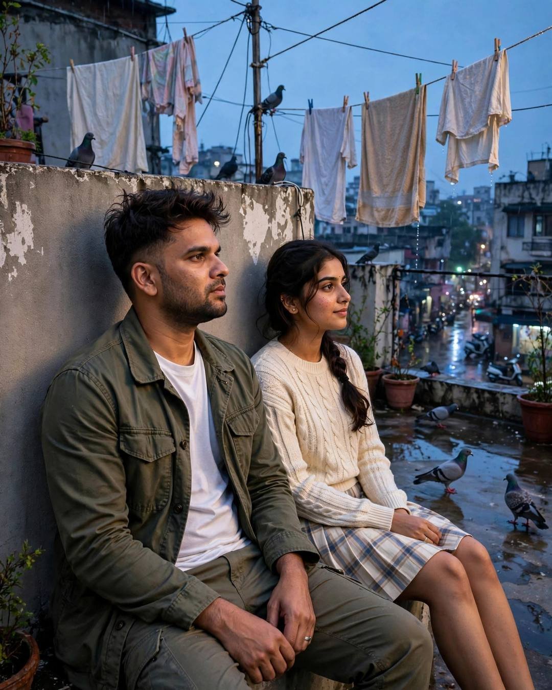 A young Indian couple sits side by side on a rooftop at blue hour, backs against a concrete wall, pigeons and laundry lines around them, the city glowing below.
