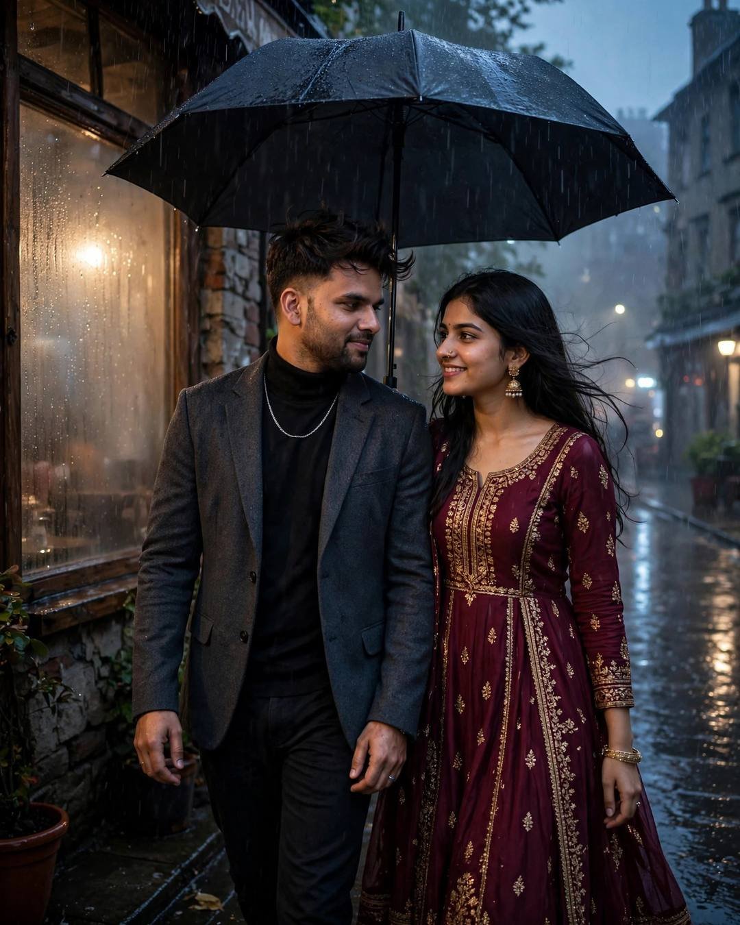 Couple walking under one black umbrella at midnight, man in charcoal blazer, woman in maroon anarkali, rain-lit cafe street