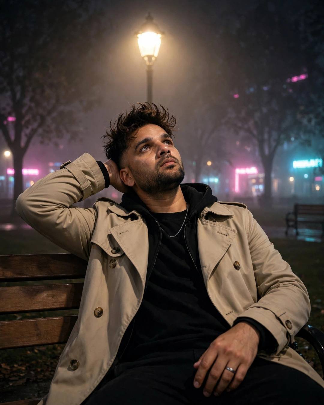 Young Indian man reclining on a park bench at night under a streetlamp, gazing up into fog