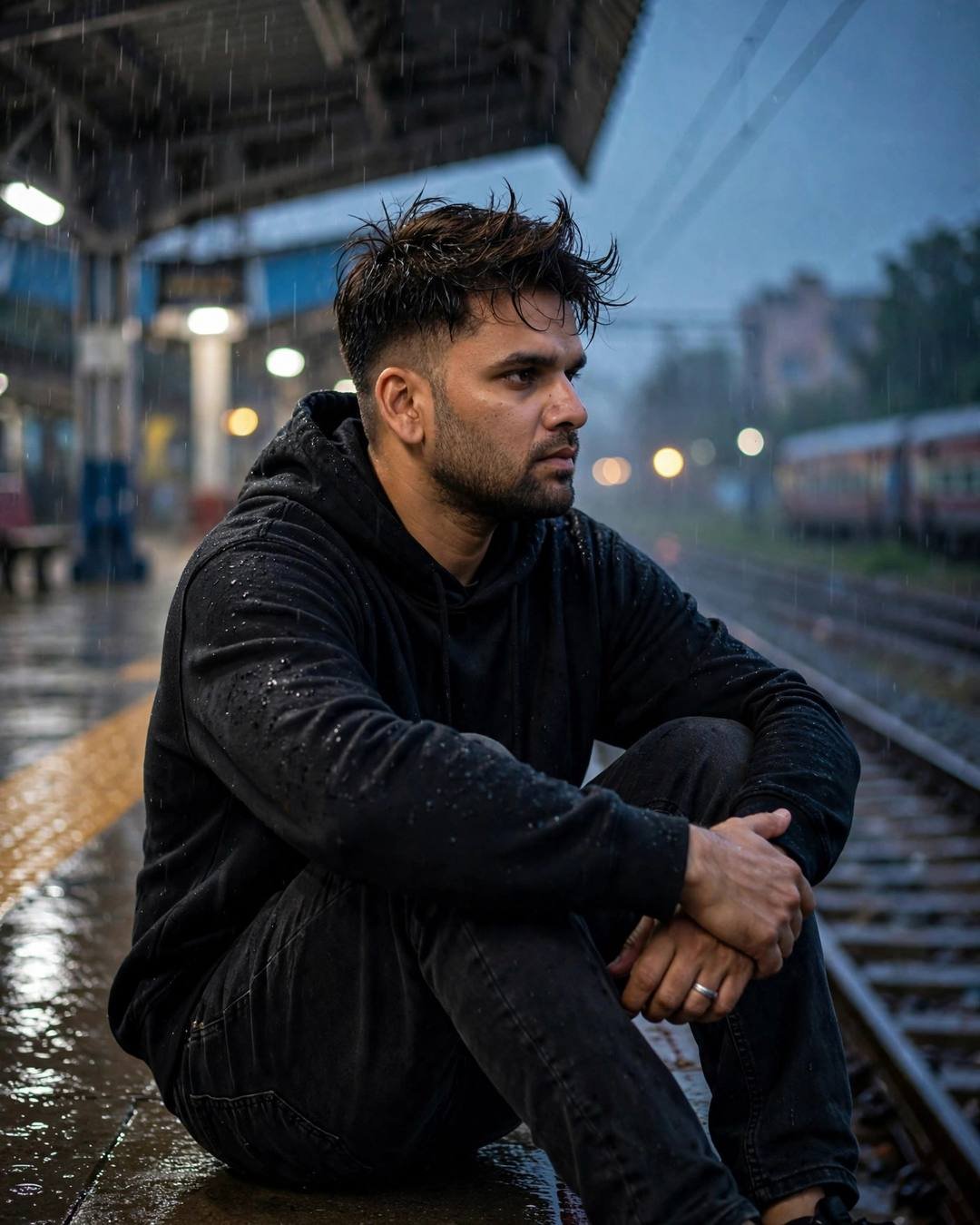 Young Indian man crouching on a wet railway platform at blue hour, arms around knees