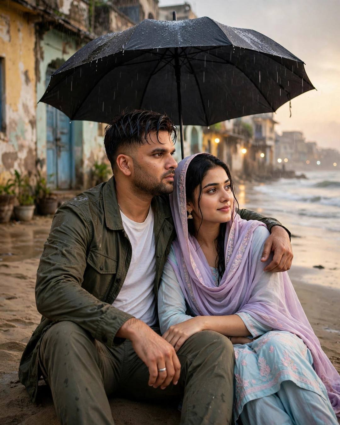AI couple photography: man in olive field jacket with arm around woman in pastel salwar-kameez, sitting on wet sand by the waves under an umbrella
