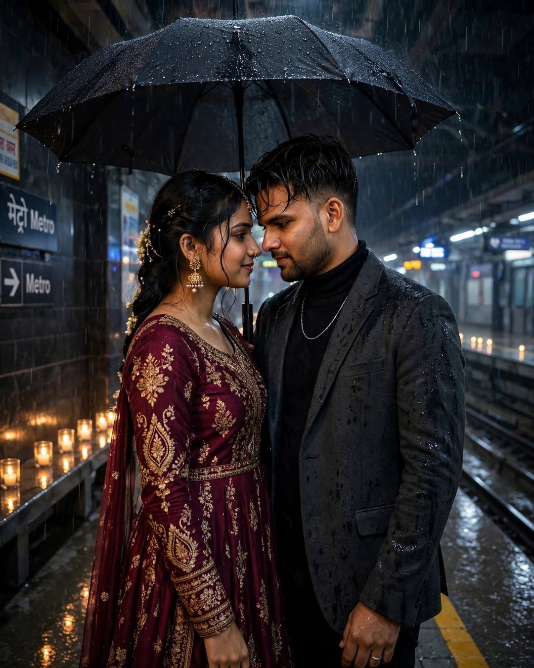 AI couple photography: man in charcoal blazer and woman in maroon anarkali standing face to face under one umbrella at a rainy metro station at night