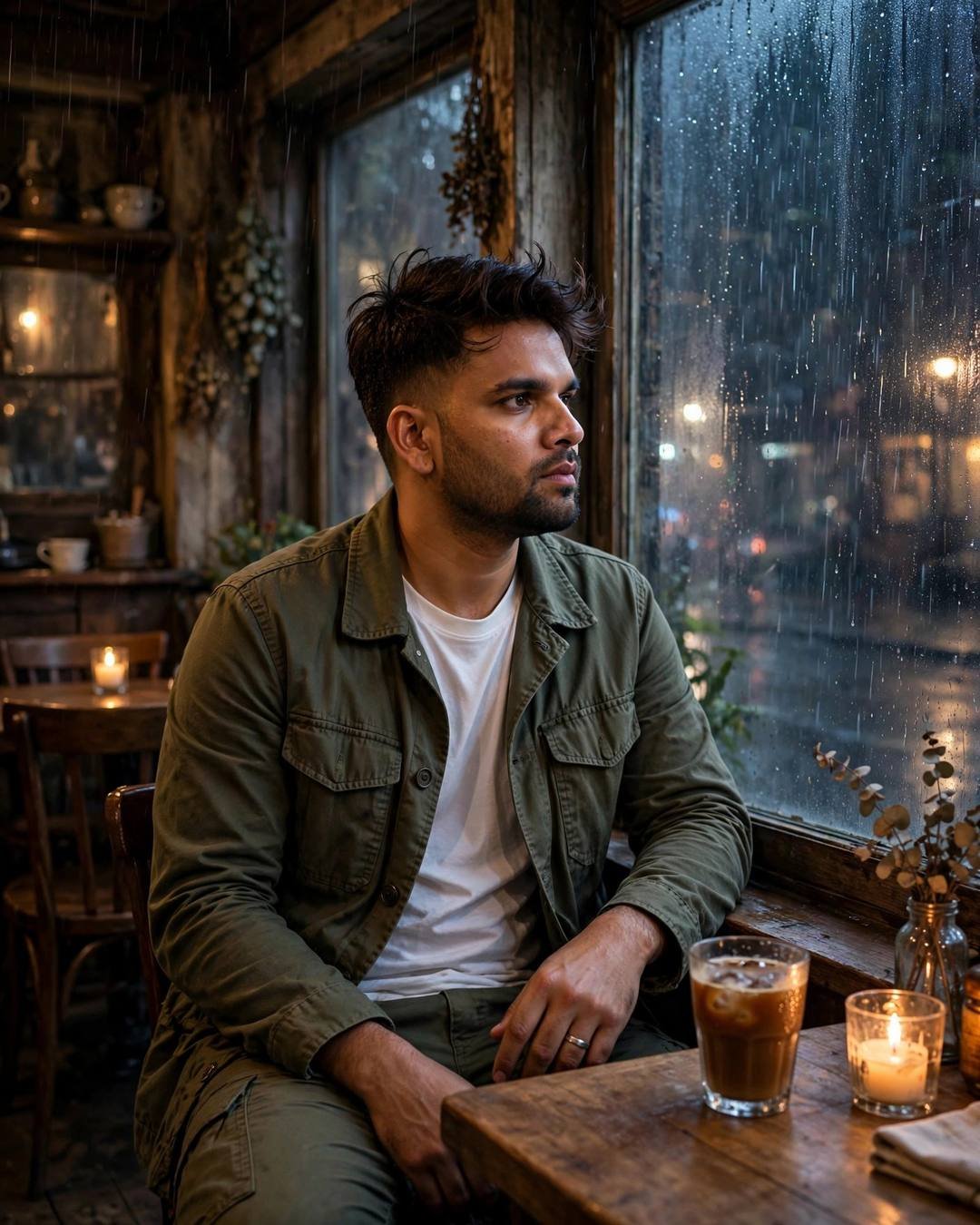 Young man in olive field jacket sitting at a candlelit cafe table by a rain-streaked window at midnight