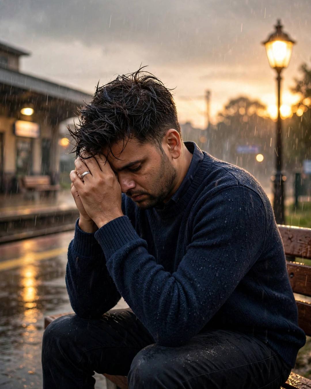 Young man in navy sweater sitting on a station bench with head in hands, rain falling through golden lamplight