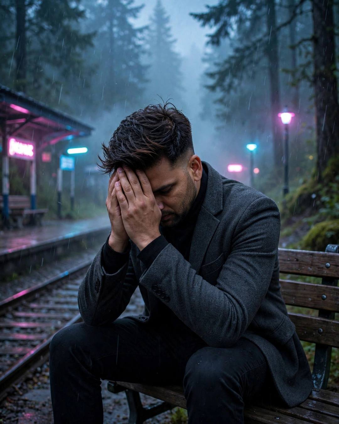 Young man in charcoal blazer sitting on a misty station bench with face in hands, neon pink and cyan glowing in the fog