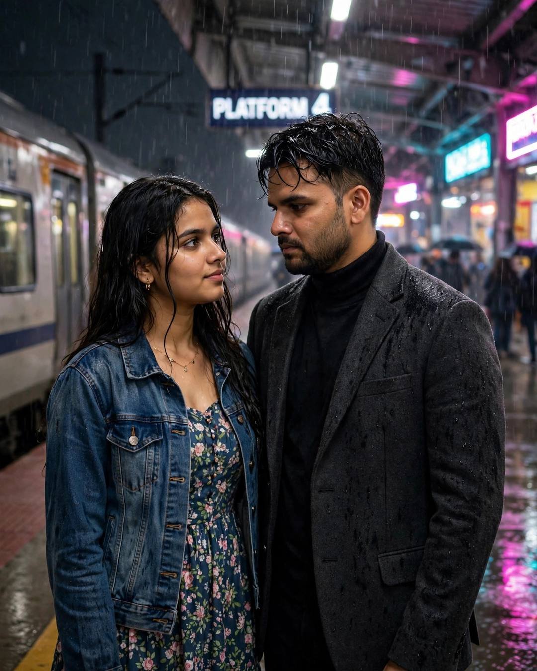 Finding their old childhood carvings still scratched — one last hug at a railway platform as the train waits at bus stop in the rain, clear cold night, late evening with neon pink and cyan spill; cinematic AI photograph