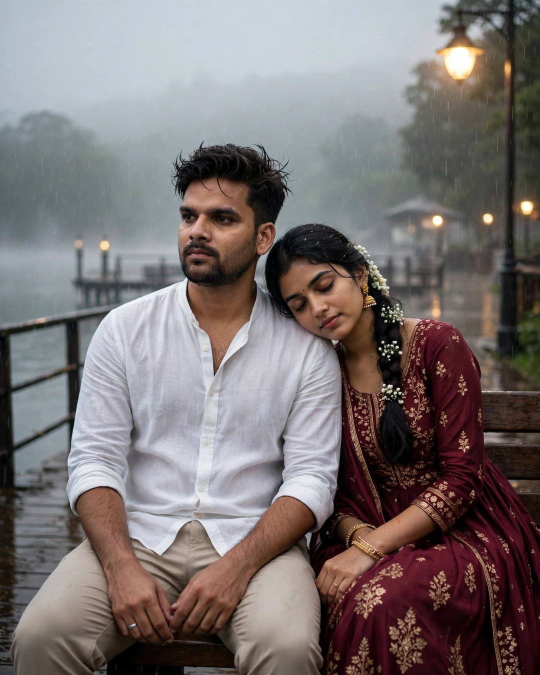 The whole neighbourhood lane gathering outside their — sitting close on a bench, her head resting on his shoulder at quiet lake pier at dawn, light rain, dawn with warm sodium streetlamp light; cinematic AI photograph