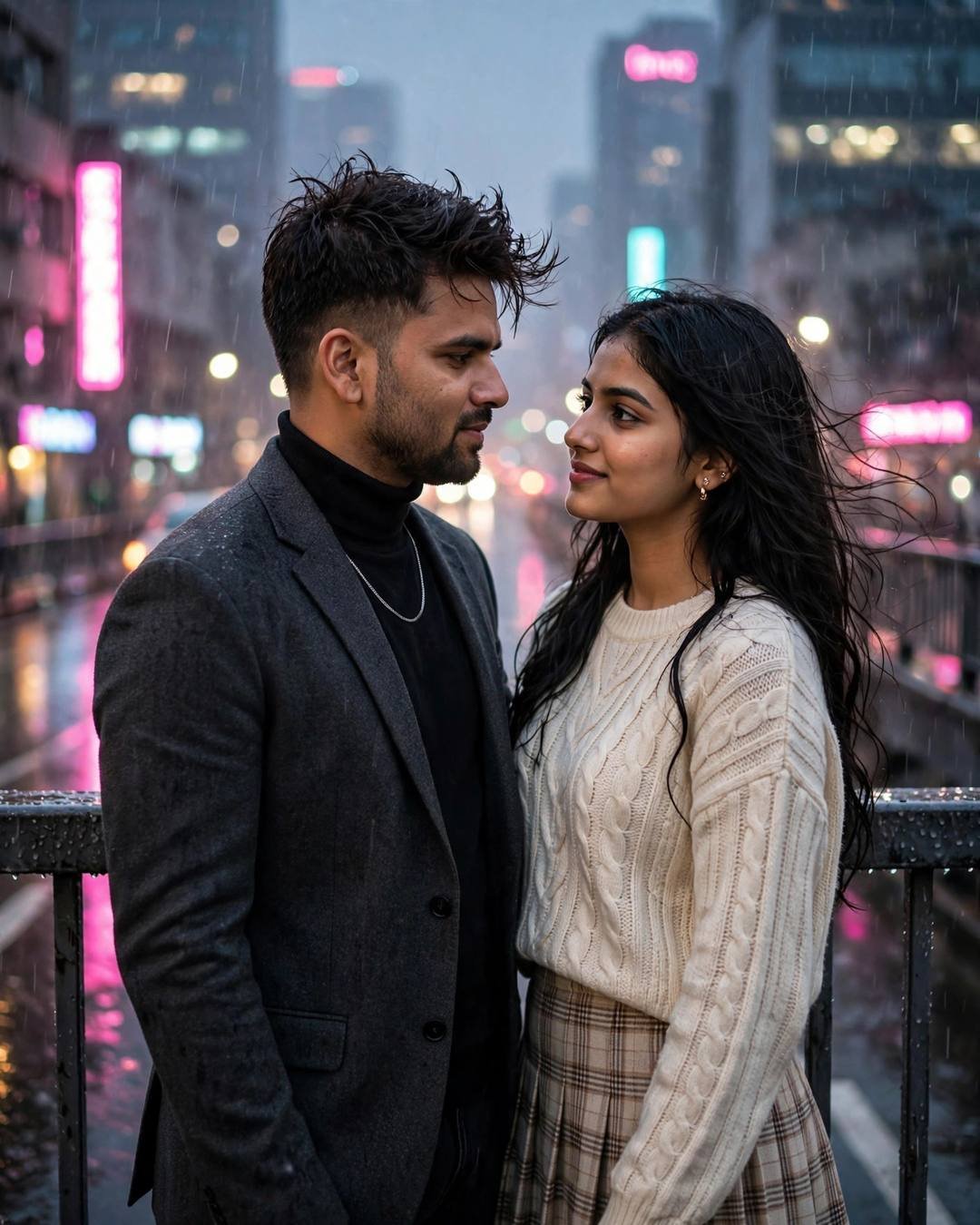 Young Indian couple standing face to face on a rain-wet bridge at night, neon city lights blurred behind them