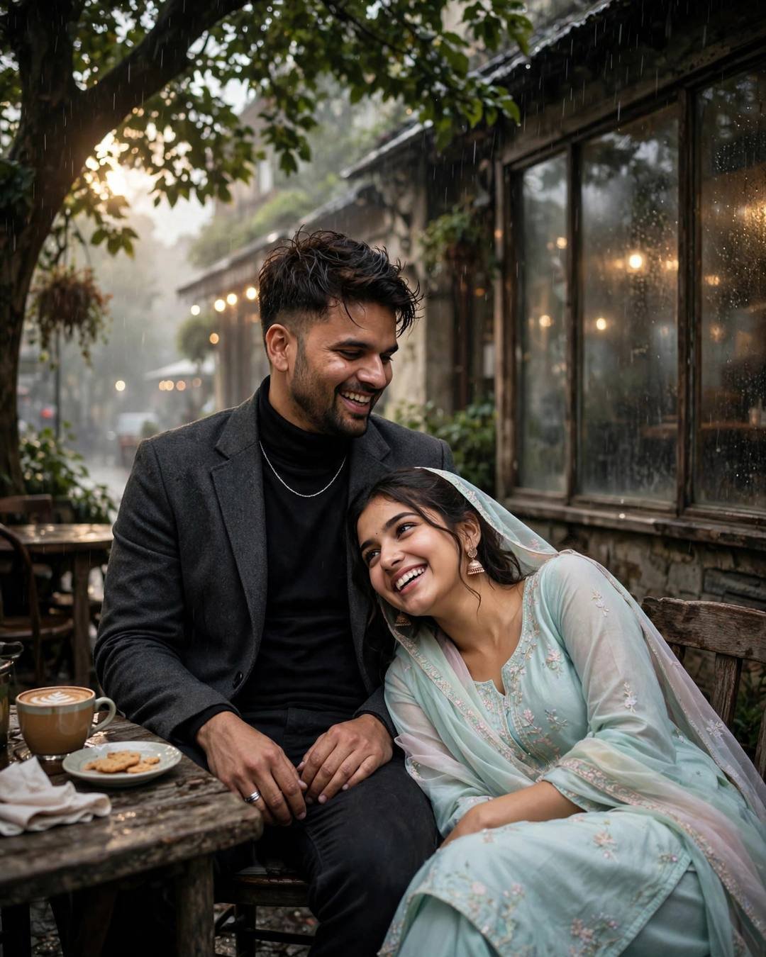 AI couple photography: laughing man in charcoal blazer with woman in pastel salwar-kameez leaning on his shoulder at an old cafe in the rain