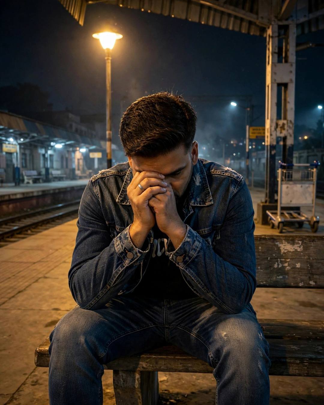 A lone figure on a flyover with — sitting on station bench, elbows on knees, head in hands at empty railway platform at night, clear cold night, late evening with warm sodium streetlamp light; cinematic AI photograph