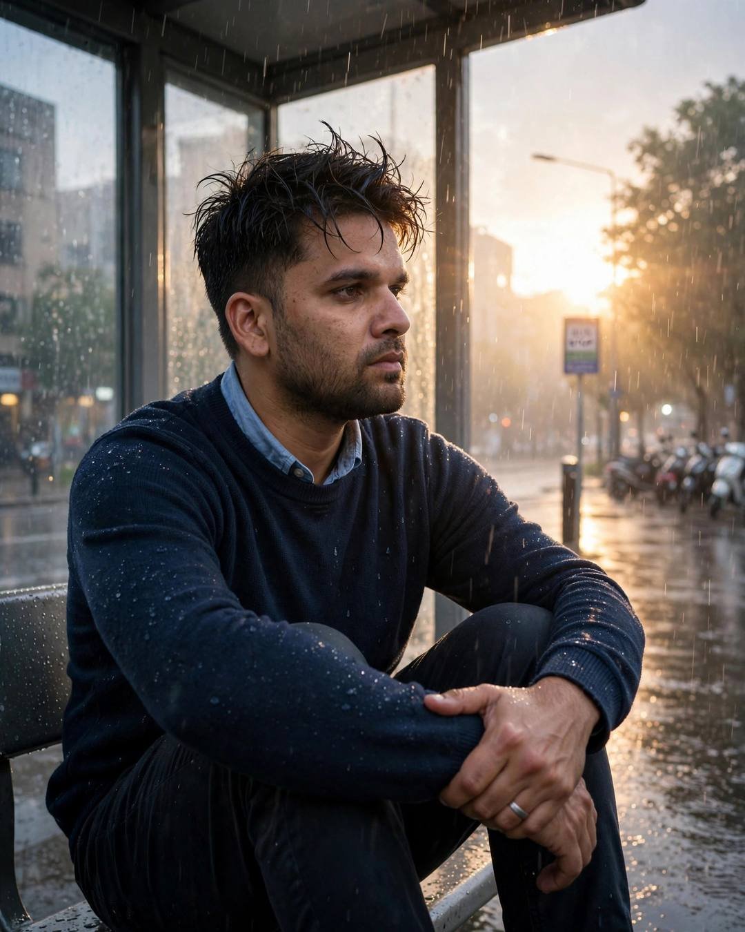 Walking slowly away from the camera down — sitting with knees drawn up, arms wrapped around legs at bus stop in the rain, drizzle, dawn with golden-hour backlight with lens flare; cinematic AI photograph