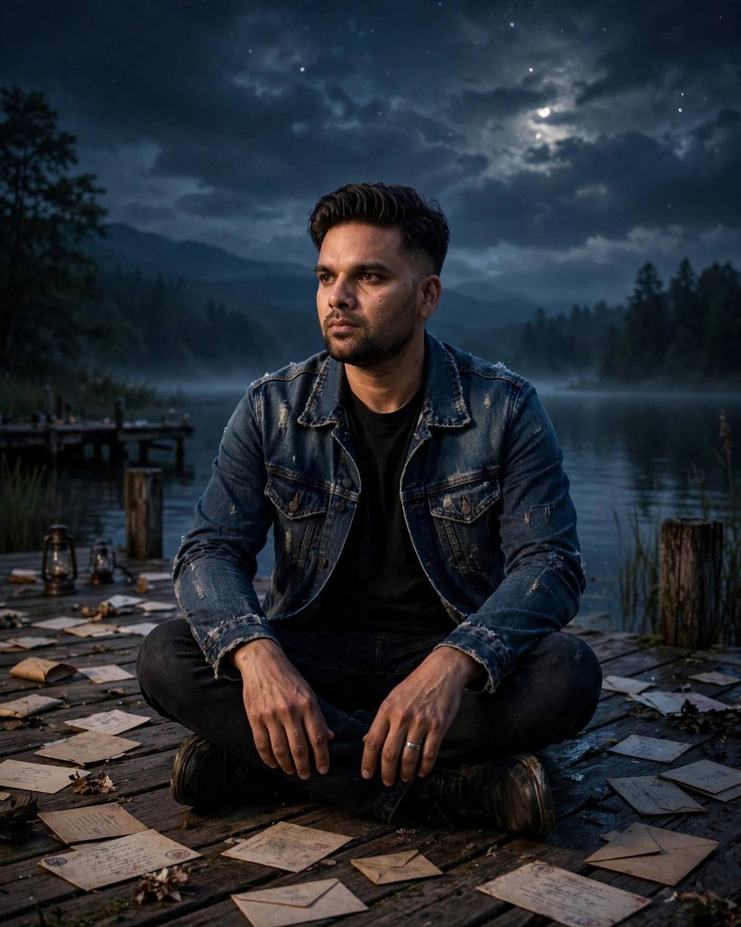 Riding alone through empty midnight streets with — sitting cross-legged on the floor surrounded by old letters at quiet lake pier at dawn, overcast gloom, midnight with moonlight with deep shadows; cinematic AI photograph