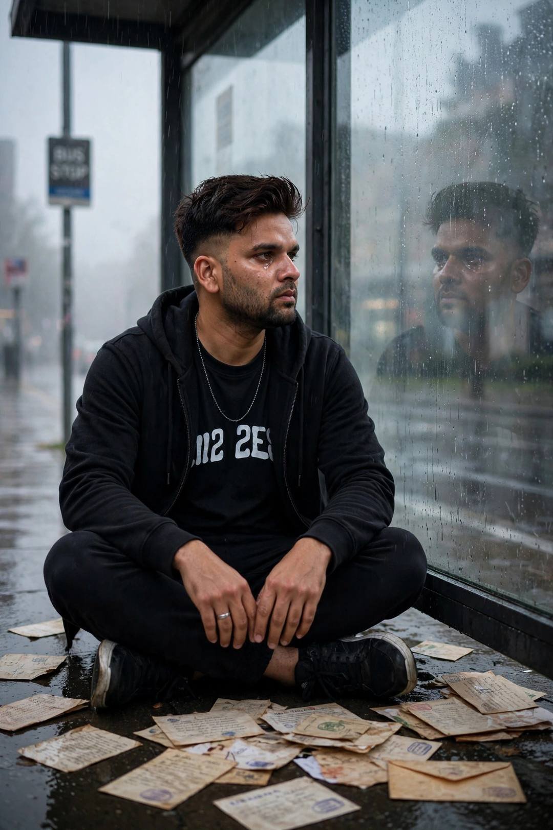 Young Indian man in black streetwear sitting cross-legged at a rainy bus stop, old letters scattered around him, his reflection in the glass