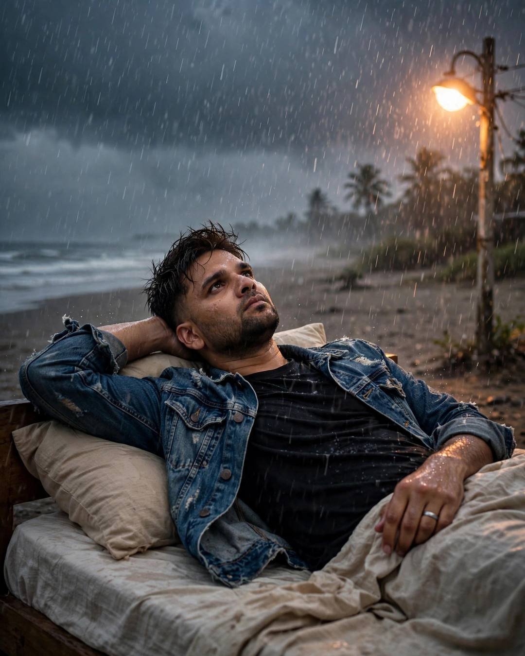 Young Indian man in a denim jacket lying on a bed on a rain-soaked beach at dusk, gazing up into the storm