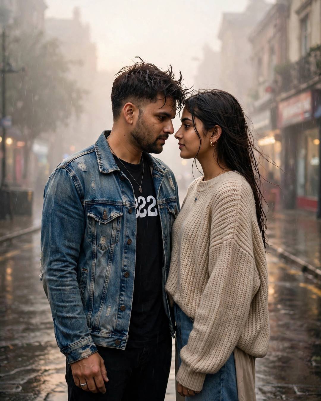 Indian couple face to face with foreheads almost touching on a rain-soaked foggy city street