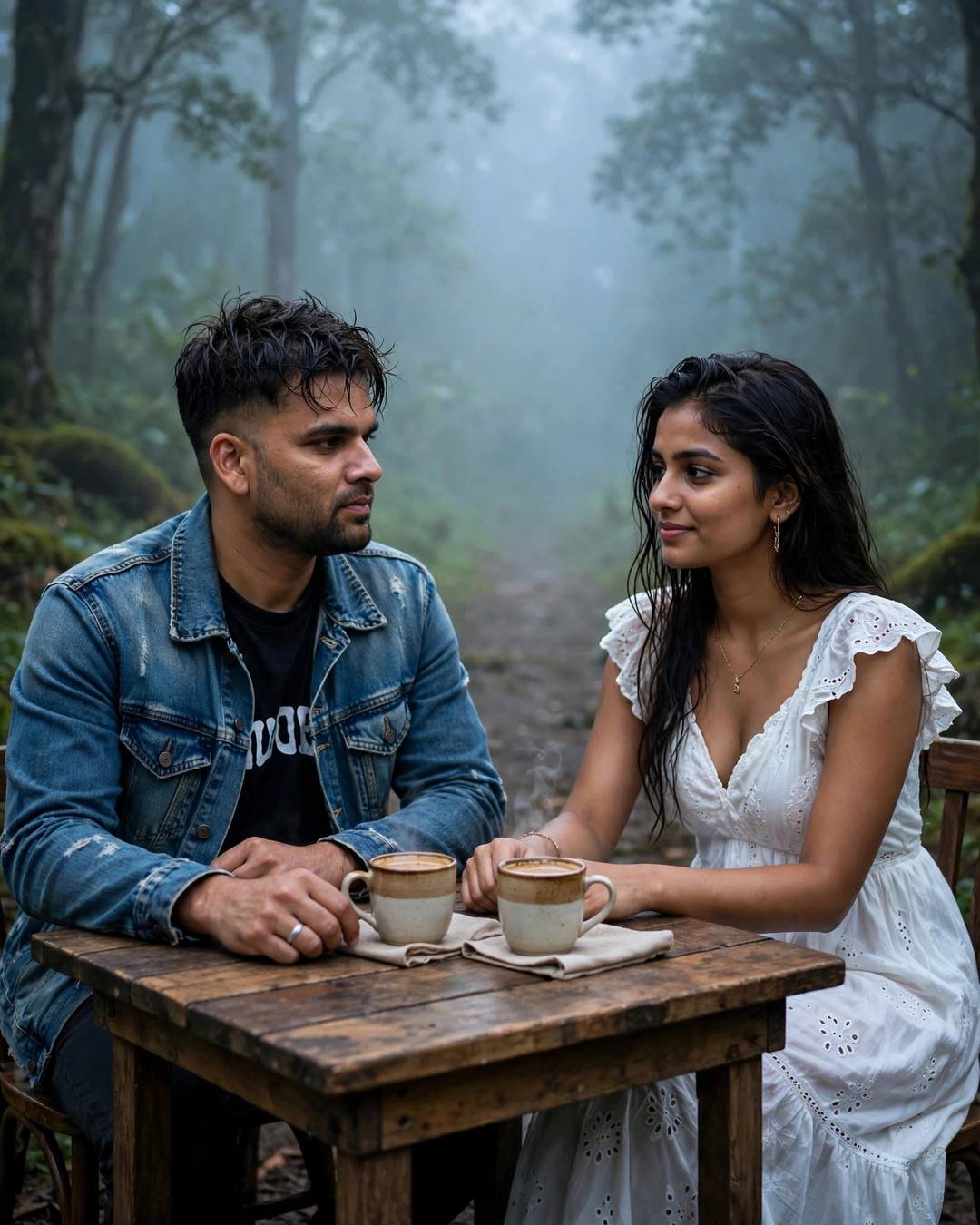 Indian couple sitting across a wooden cafe table in a misty forest at dawn, two cups of chai between them