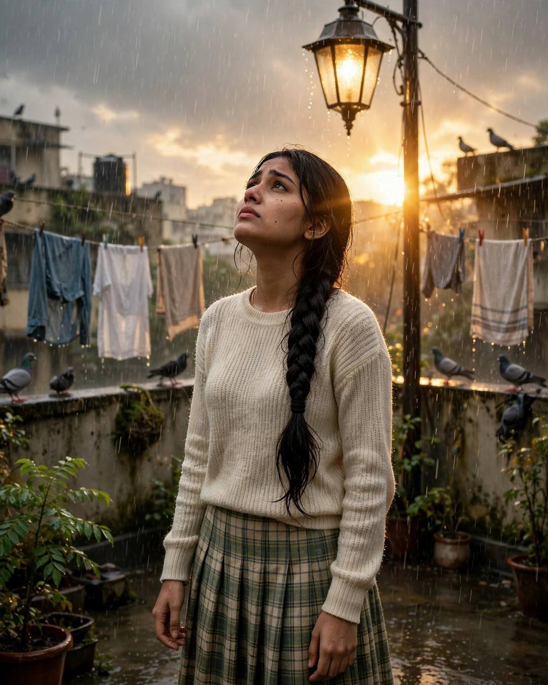 Young Indian woman in a cream knit top and plaid skirt standing on a terrace in monsoon rain, face lifted to the golden sky