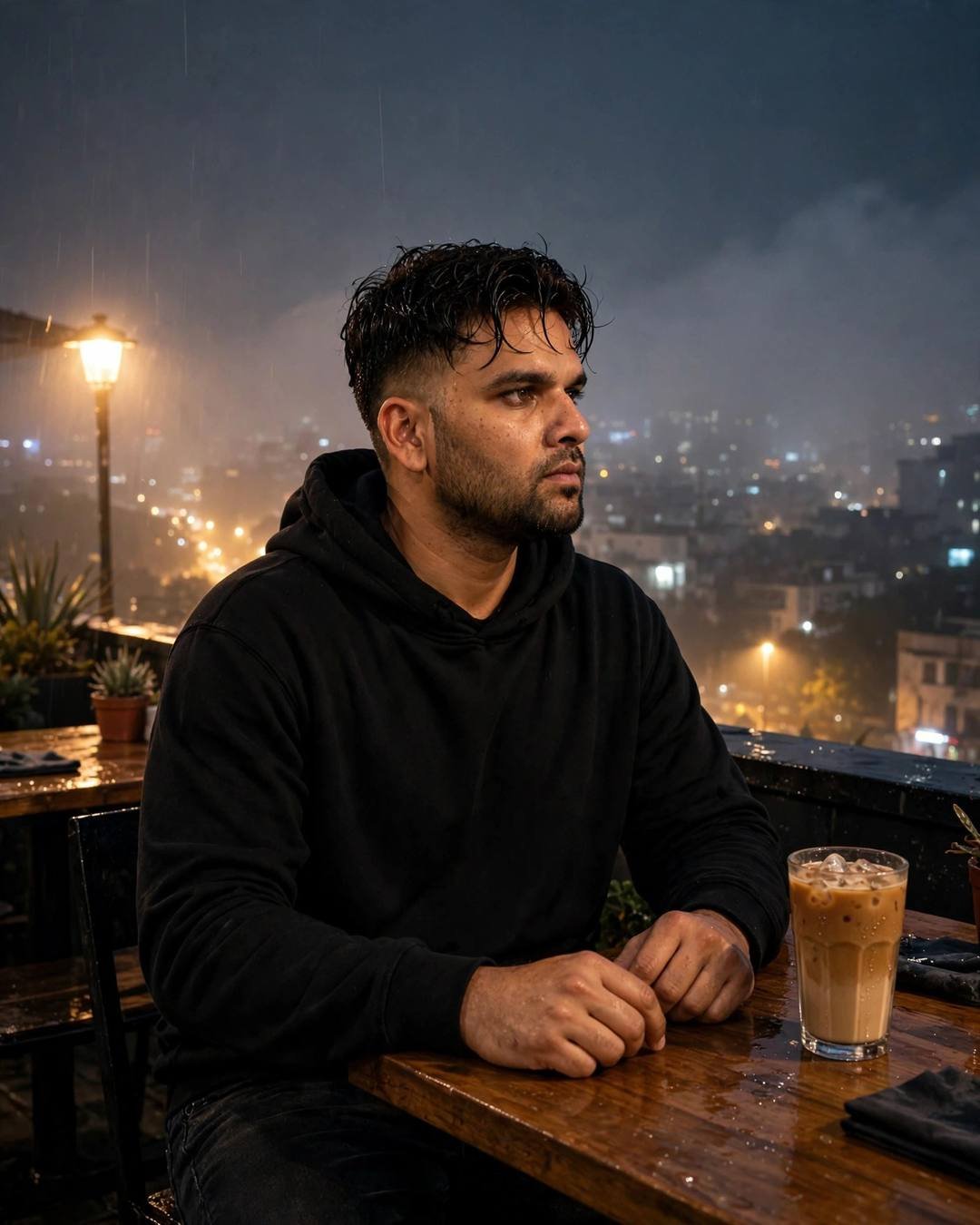 A young Indian man in a black hoodie sits at a rooftop cafe table in the rain at night, an iced coffee before him, a warm streetlamp glowing through the fog over city lights.