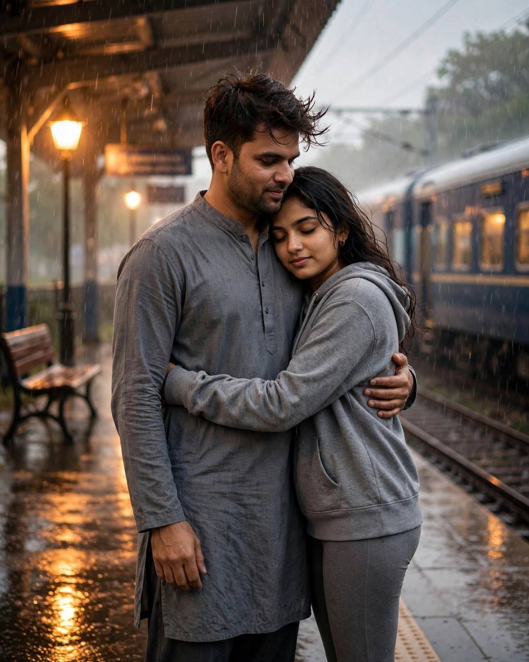 Couple embracing on a rainy railway platform, man in grey kurta, woman in grey hoodie, warm lamps glowing