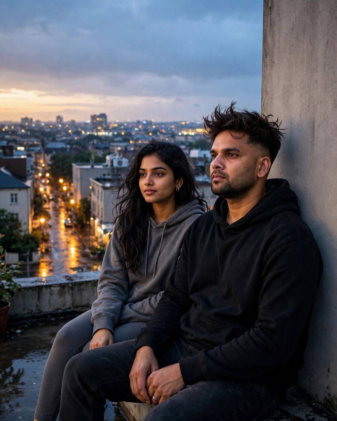 Couple sitting side by side on a rooftop at dusk, both in hoodies, city lights glowing below