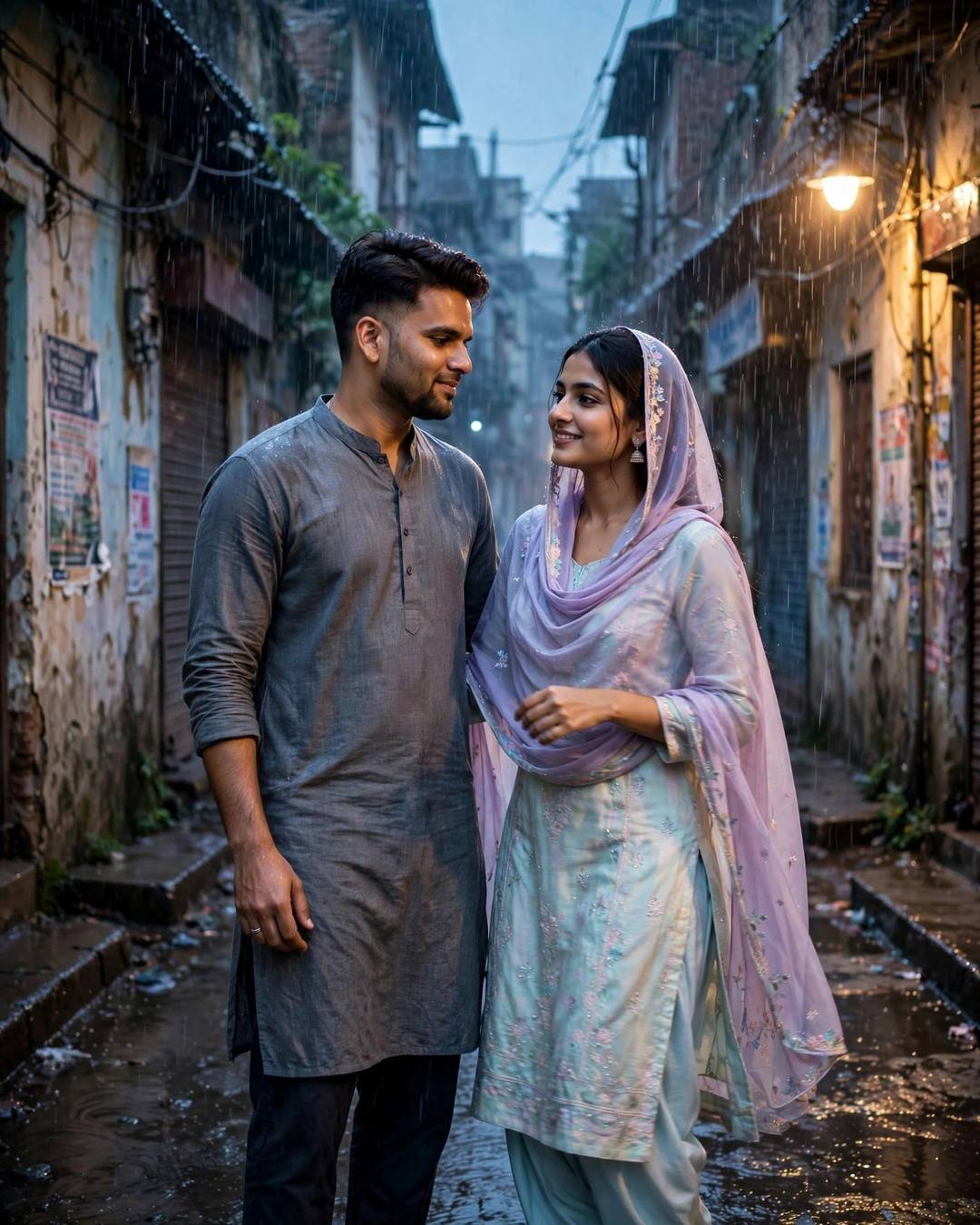 A young Indian couple stands close in a rainy old-city lane, he in a grey kurta, she in a pastel salwar-kameez with a lavender dupatta, a streetlamp glowing above.