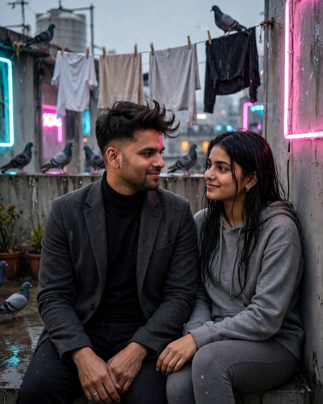 Couple on a rain-washed rooftop terrace at dusk, neon pink and cyan light, pigeons and clothes lines around them