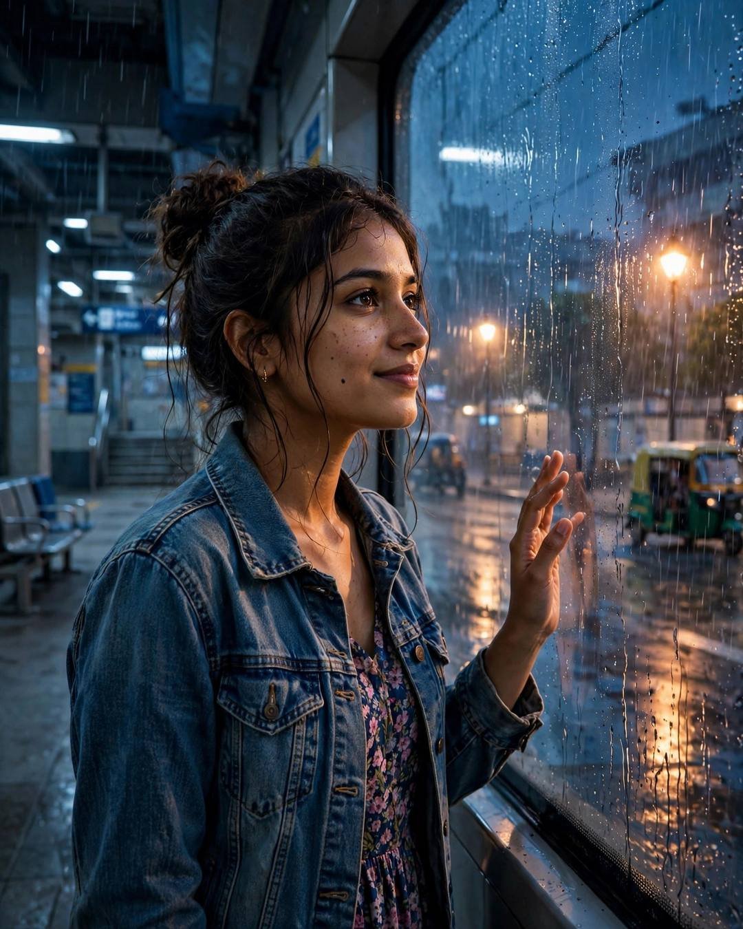 Young Indian woman in a denim jacket and floral dress at a rain-streaked metro station window, hand on the glass