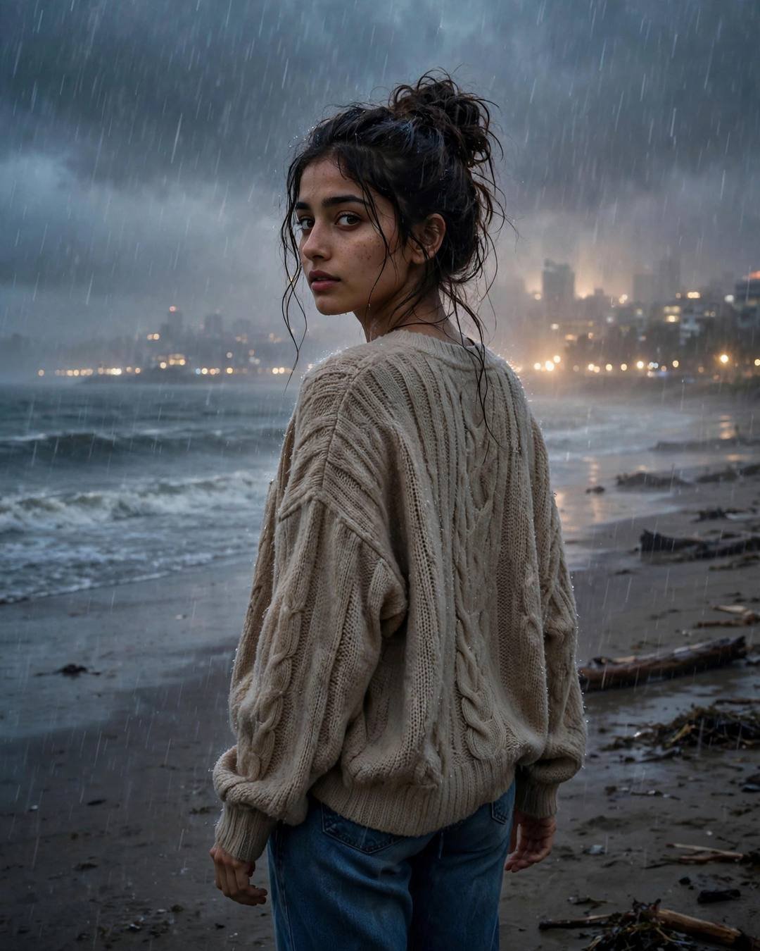 Young Indian woman in an oversized beige sweater on a monsoon beach at dusk, looking back over her shoulder
