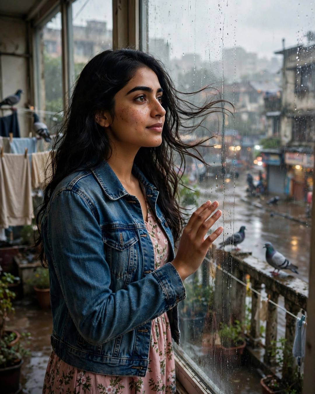 Young Indian woman in a denim jacket and floral dress at a rain-streaked terrace window with pigeons and clothes lines