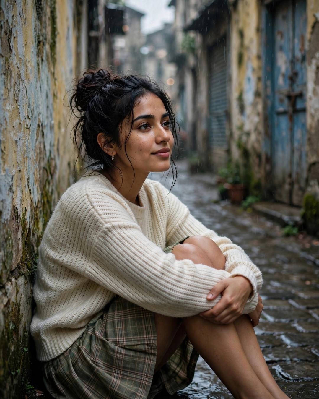 Young Indian woman in a cream knit top and plaid skirt sitting with knees drawn up in a rain-washed old-city lane