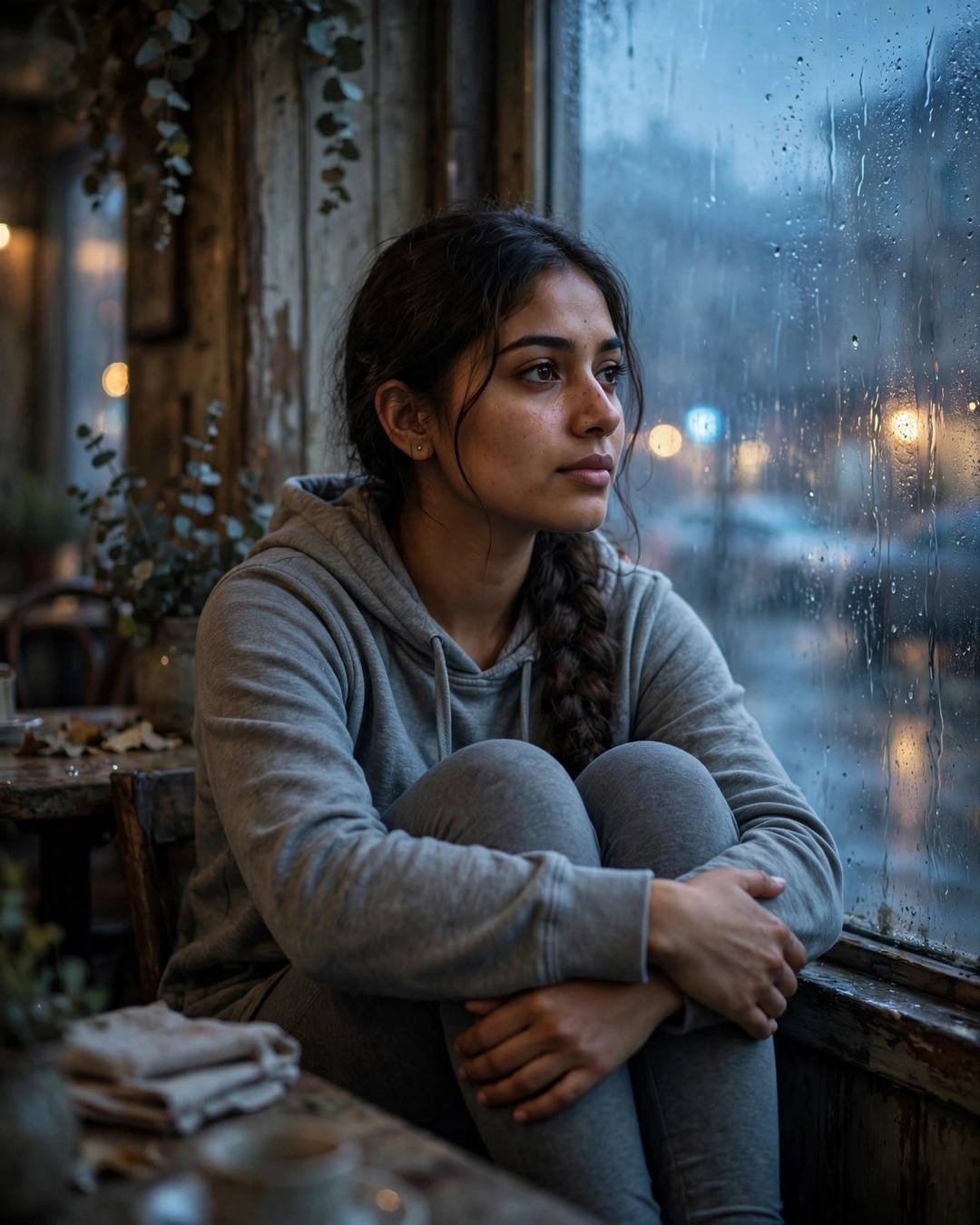Young Indian woman in a grey hoodie with a long braid sitting by a fogged café window in blue hour