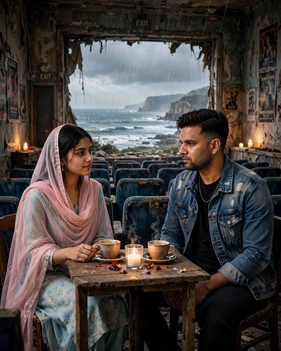 Young Indian couple sitting across a small candlelit cafe table in an abandoned cinema hall open to the ocean in light rain
