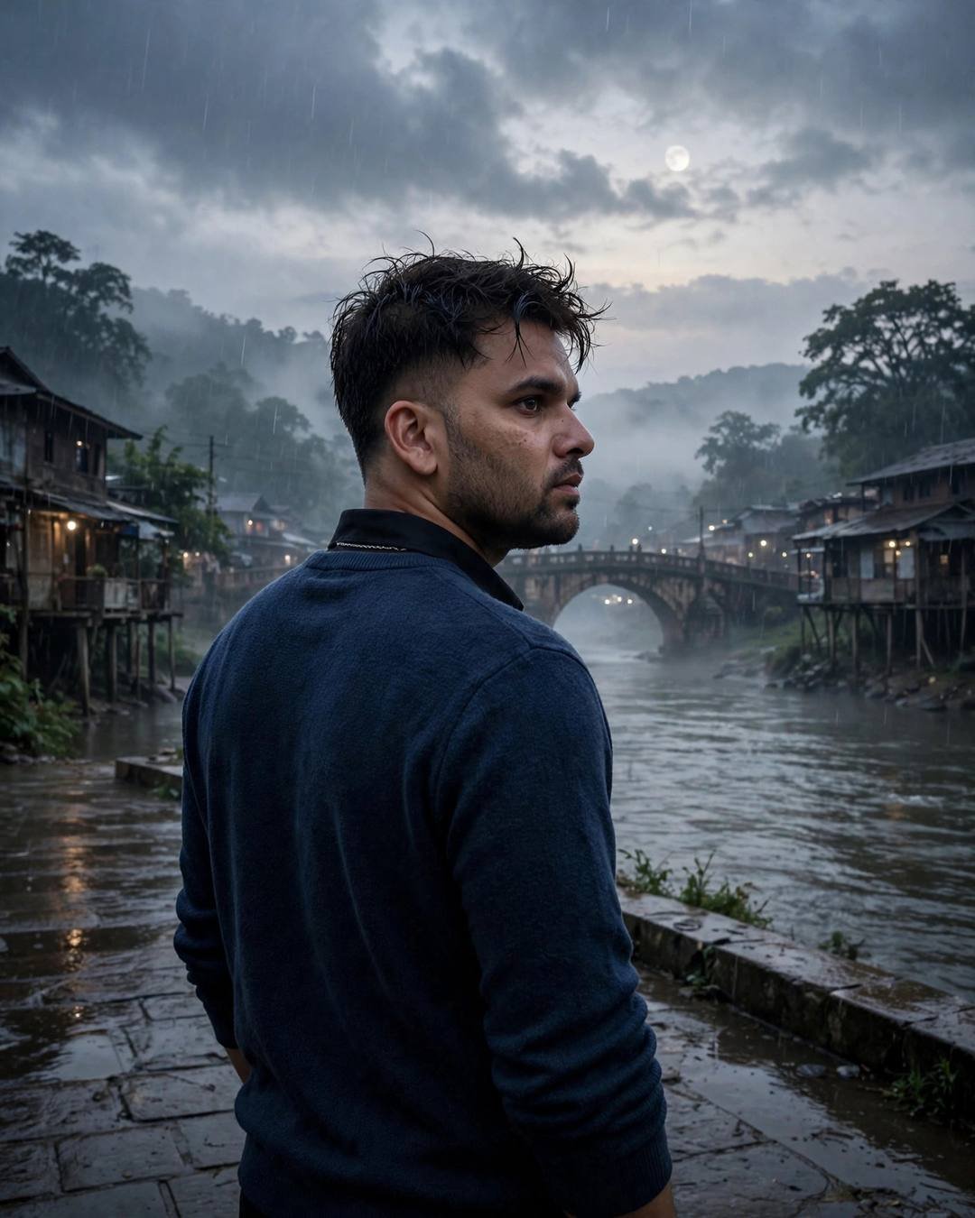 Young Indian man in a navy sweater with back to the camera looking over his shoulder on a rainy riverbank at dawn with a bridge and moon