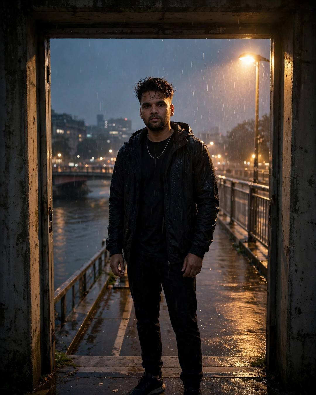 Young Indian man in all-black streetwear standing in a stone doorway over a bridge above a slow river in drizzle